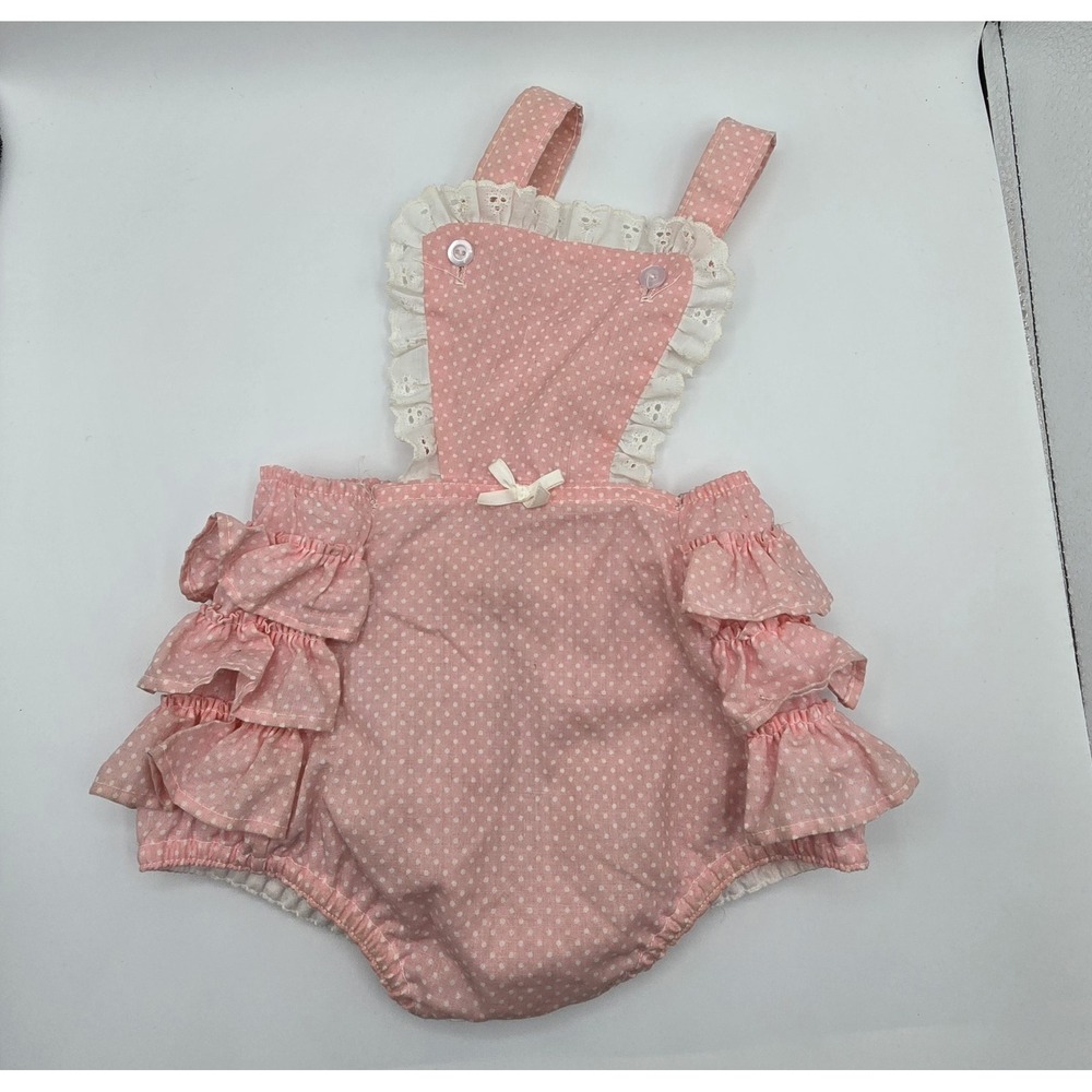 VTG Girls PINK GINGHAM RUFFLED Overall Romper Shorts Bib 12 mos 70s PLAID
